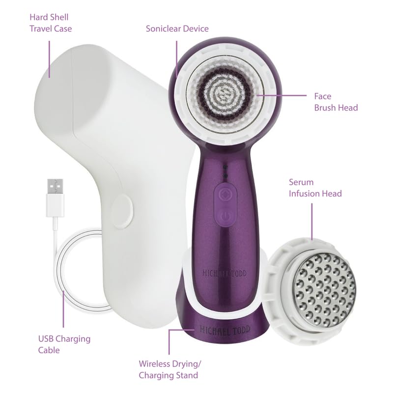 Michael Todd Beauty – Soniclear Petite – Facial Cleansing Brush System – 3-Speed Powered Exfoliating Face Brush, Purple Metallic