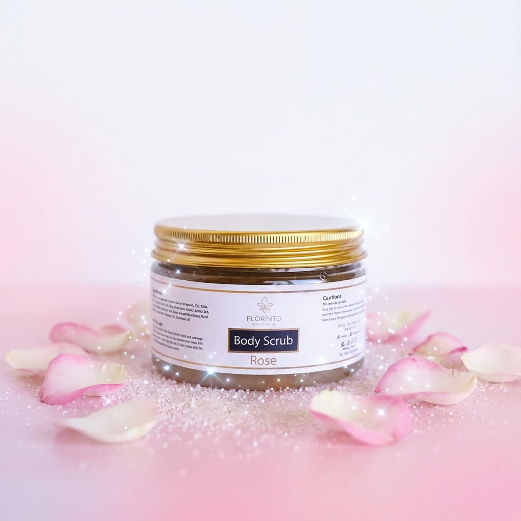 FLORÍNTO Body Scrub – Exfoliating & Moisturizing Sugar Scrub with Shea Butter, Natural Oils & Vitamin E – Soft, Smooth & Glowing Skin – 350 g (Rose)