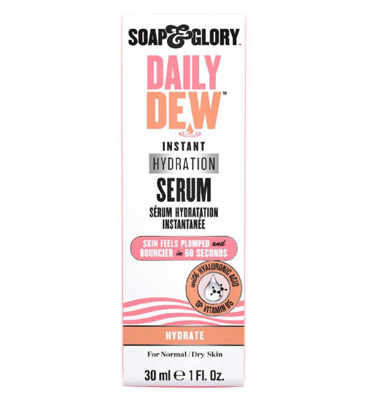 Soap & Glory Daily Dew Instant Hydrating Face Serum - Thirst Quenching Vitamin B5, Rosewater + Hyaluronic Acid Serum - Lightweight, Fast Absorbing Vegan Moisturizing Treatment (30ml)