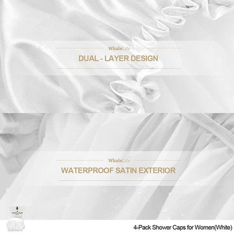 Shower Cap for Women Reusable Extra Large Shower Cap for Men (White 4 Pack Large) Satin Double Layer EVA Waterproof Long Hair Cap