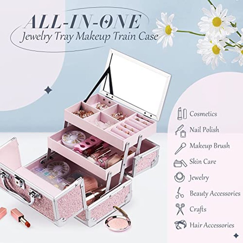 FRENESSA Makeup Train Case Cosmetic Case Organizer Portable Makeup Box 2 Trays with Lockable Mirror Makeup Storage Organizer for Girls Makeup Artist Makeup Tools Travel Makeup Case Glitter Pink