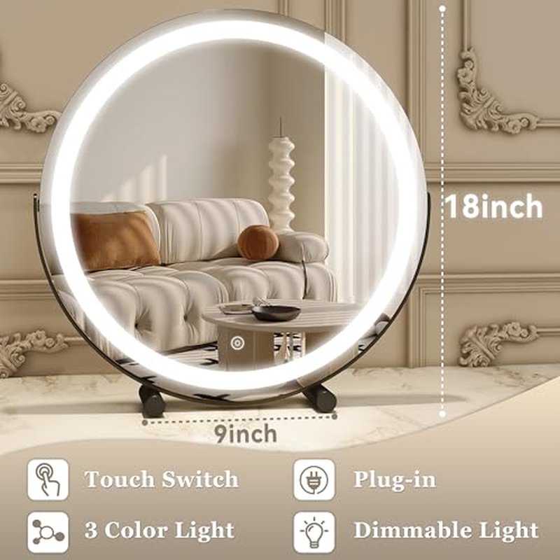 ROLOVE 18 Inch LED Vanity Makeup Mirror with Lights, Smart Touch Control, Dimmable Round Mirror, Tabletop and Desk Mirror, 360 Rotation, Black