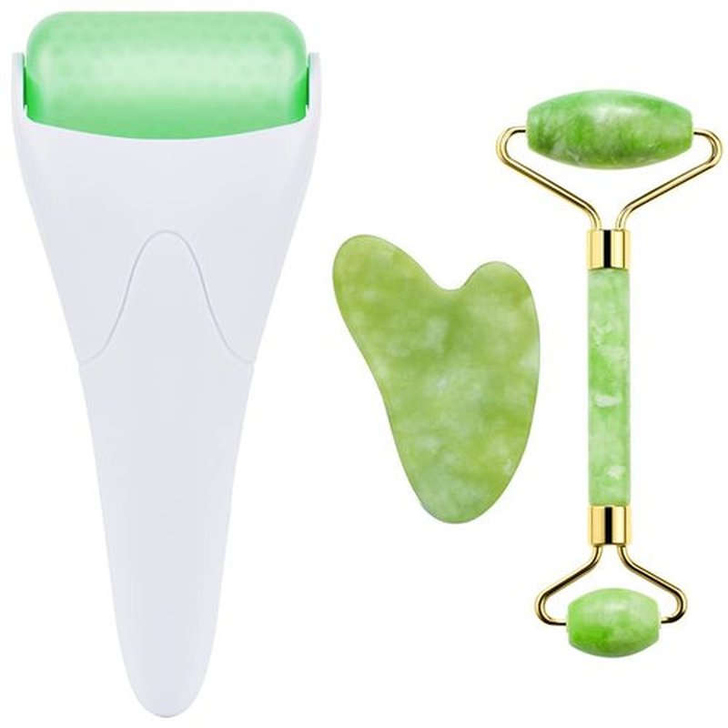 3-in-1 Natural Jade Roller and Gua Sha Set for Face and Eye Ice Roller Facial Cooling Massage Roller (White Ice Roller + Jade Roller + Gua Sha)