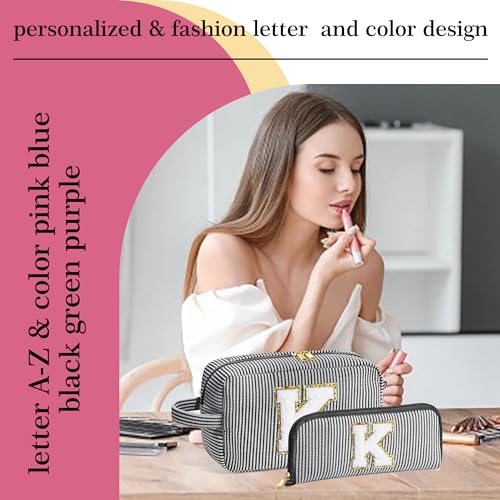 YOOLIFE Travel Makeup Bag for Women - Monogram Cute Initial Pink Makeup Bags Cosmetic Toiletry Pouch Make Up Case for Women Her Best Friend Sister Bridesmaid, Personalized Birthday Gifts for Women U