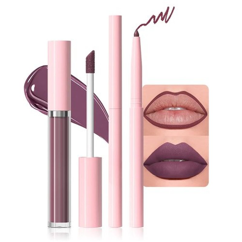 JUAAZIN 1Pcs Lip Liner Pencils and 1 Pcs Lip Gloss Makeup Set, Old Mauve Matte Rich Lip Colors Liner Crayon Liquid Lipstick for Sculpting Lips, Long-Lasting Waterproof Longwear Smudge-Proof 06#