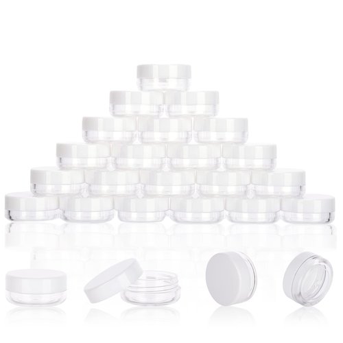 3 Gram Sample Containers with Lids, 25 Count Tiny Sample Jars, Empty Lip Balm Containers, Mini Cosmetic Containers with Lids, Makeup Travel Containers with Labels, Mini Disposable Spatulas