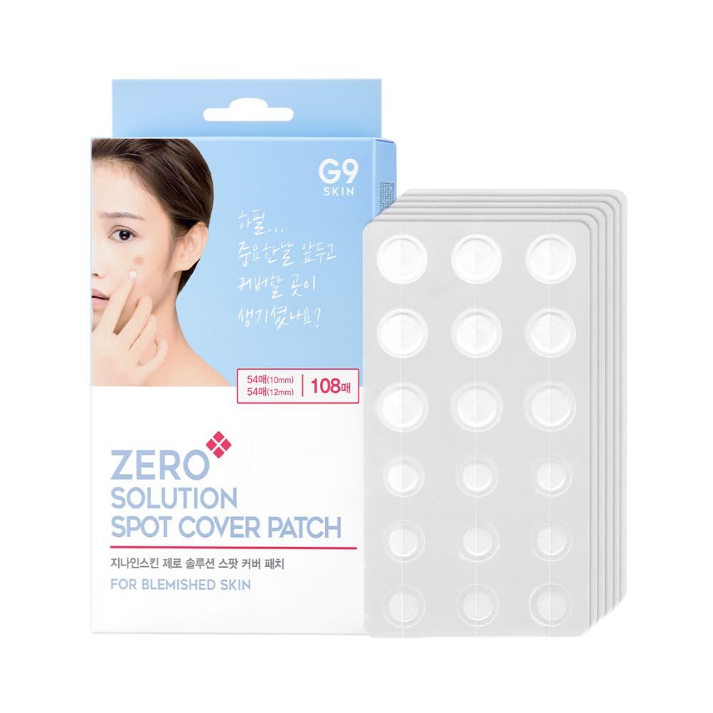 G9SKIN Zero Solution Spot Cover Patch - Hydrocolloid Pimple Patch, 108 Invisible Acne Patches for Face, Ultra-Thin Beveling Edge Spot Treatment, Waterproof Blemish Cover Stickers (10mm & 12mm Sizes)