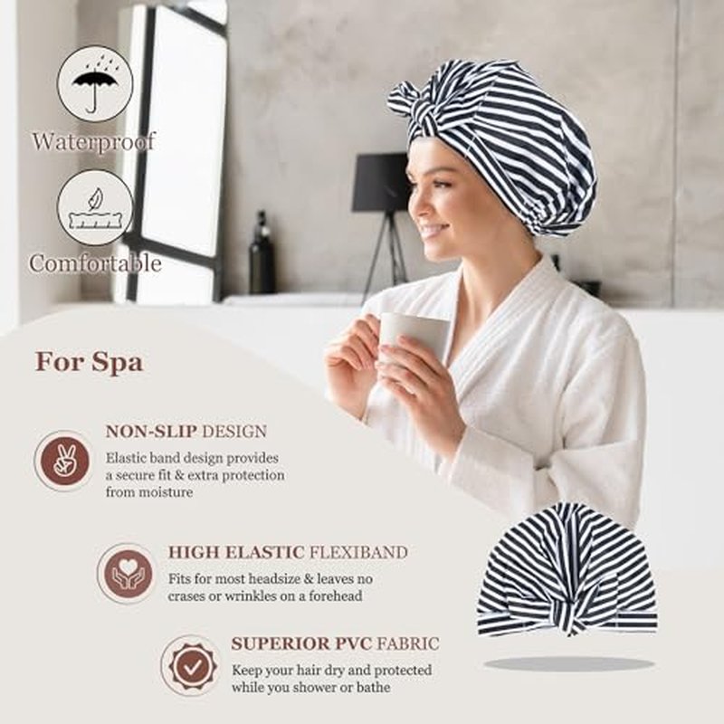 Luvruitaky Shower Cap Luxury Shower Caps for Women Reusable Waterproof Hair Cap for Shower with Adjustable Bowknot Hair Bath Cap (Black Stripe)