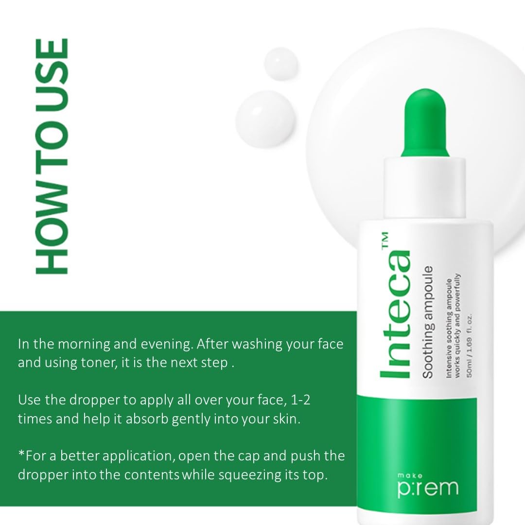 MAKE P:REM INTECA Soothing Ampoule, Intensive Calming and Moisturizing Serum with Advanced CICA, EVE VEGAN, Korean Skin Care, 1.69 Fl Oz, 50ml