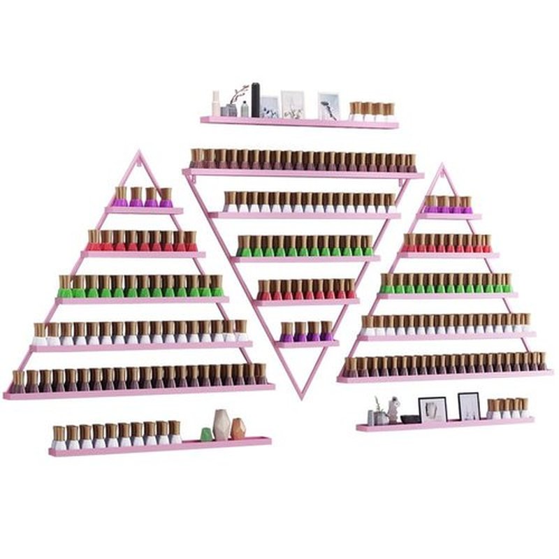 LEYSRIS Wall-Mounted Nail Polish Rack, Set of 6 Triangular Pink Nail Polish Shelf Lipstick Perfume Cosmetic Display Shelf for Home Spa Nail Salon Shop