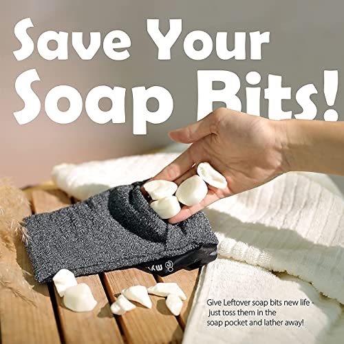 myHomeBody Soap Pocket Exfoliating Soap Saver Pouch, Body Scrubber Sponge, Exfoliator for Bath or Shower, for Large Bar Soap or Leftover Bits, Graphite Gray, 6 Pack + 6 Soap Lifting Pads