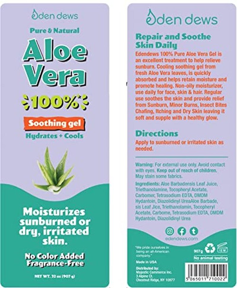 Eden Dews Organic Aloe Vera Gel 100% Pure & Natural Gel, Moisturizing, Face Skin & Hair Care, Sun Burn Relief, Hydrating & Soothing for Dry Skin Acne Razor Bumps, Made in USA, 32 oz, 2-Pack