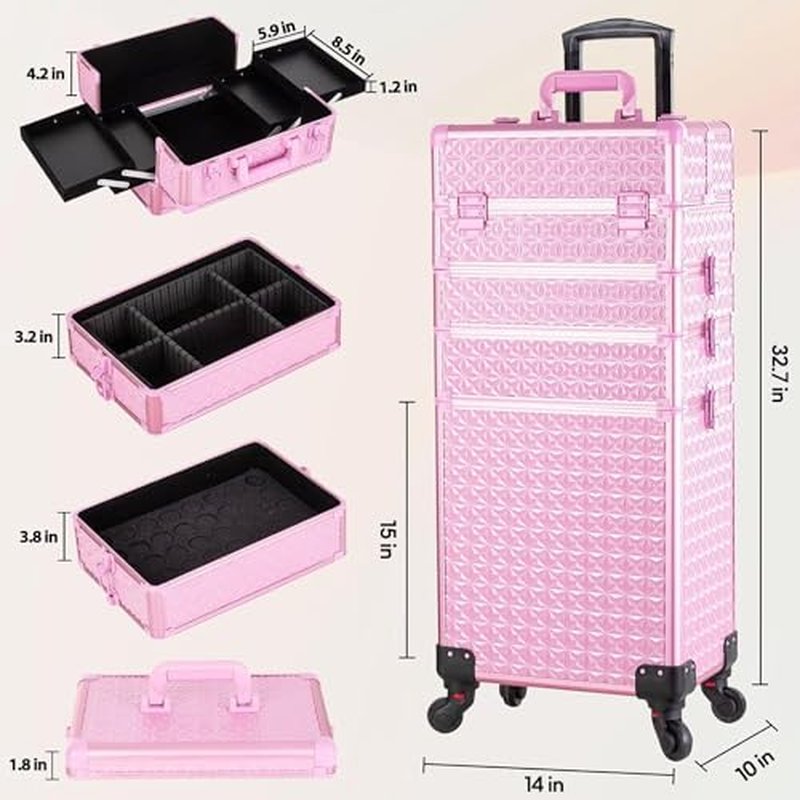 AROUS 5 in 1 Professional Makeup Train Case Aluminum Cosmetic Case Rolling Makeup Case Extra Large Trolley Makeup Travel Organizer, with 360° Swivel Wheels,Black
