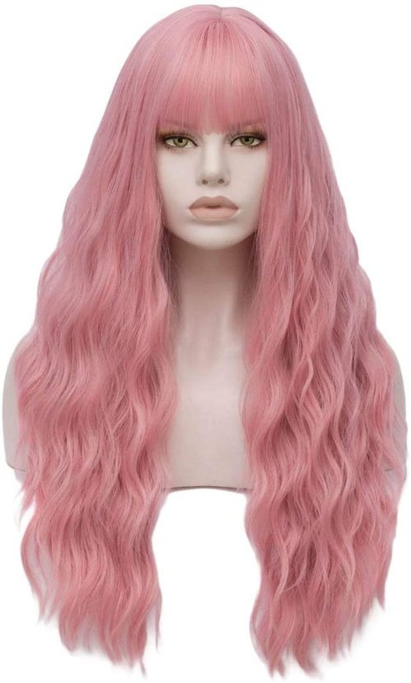 MORTICIA Women Long Kinky Curly Wavy Full Bang Wig for Party and Daily Wear (Mixed Pink)