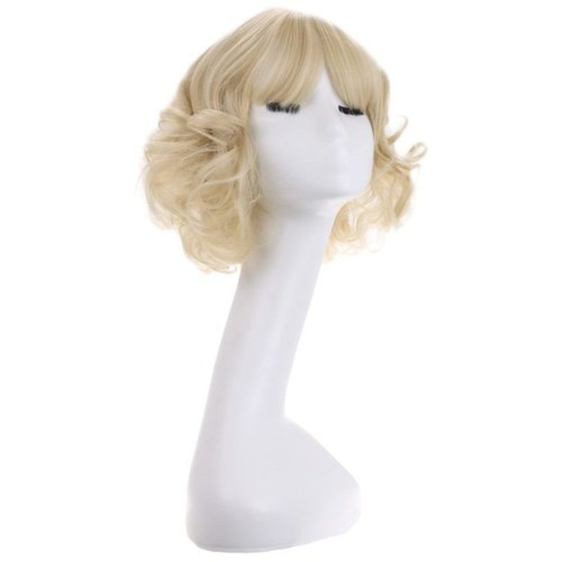 MAGQOO Light Blonde Wig with Bangs Women Girls Short Curly Wavy Wig Light Blonde Hair Wigs Halloween Cosplay Costume Party Wig(12", Light Blonde)