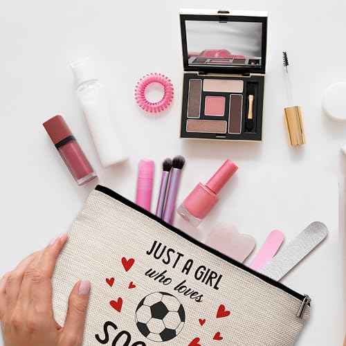 Soccer Gifts Cosmetic Bag, Just a Girl Who Loves Soccer Travel Makeup Bag, Soccer Team Gifts for Football Lovers Players, Inspirational Birthday Gifts for Women Teen Girls Friends Sisters -08