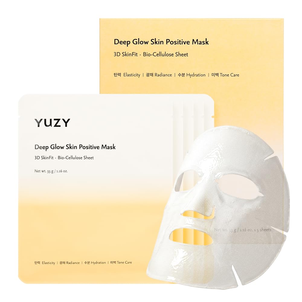 YUZY Deep Glow Skin Positive Mask, Bio-Cellulose Sheet Mask for Glass Skin, Hydrating Face Mask & Microbiome Care with Peptides & Hyaluronic Acid, Korean Skincare | 33g x 5 Sheets