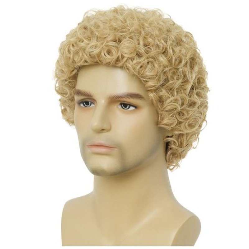 Amnenl Mens Light Blonde Afro Curly Short Wig Fluffy Synthetic Rocker Funcy Male Hair Wig Halloween Cosplay Costume Wig
