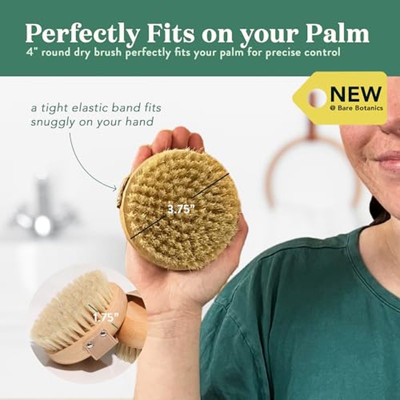 Bare Botanics 17" Dry Brushing Body Brush | Medium Firmness, Natural Color & Silicone Grip | Extra Long Bath Brush w/Hang Rope | Back Scrubber for Shower