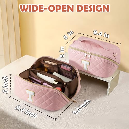 TOPEAST Travel Makeup Bag, Large Capacity Initial Cosmetic Bags for Women, Waterproof Portable Pouch Open Flat Toiletry Bag Quilted Make up Organizer with Divider Handle, Birthday Gift for Women, T