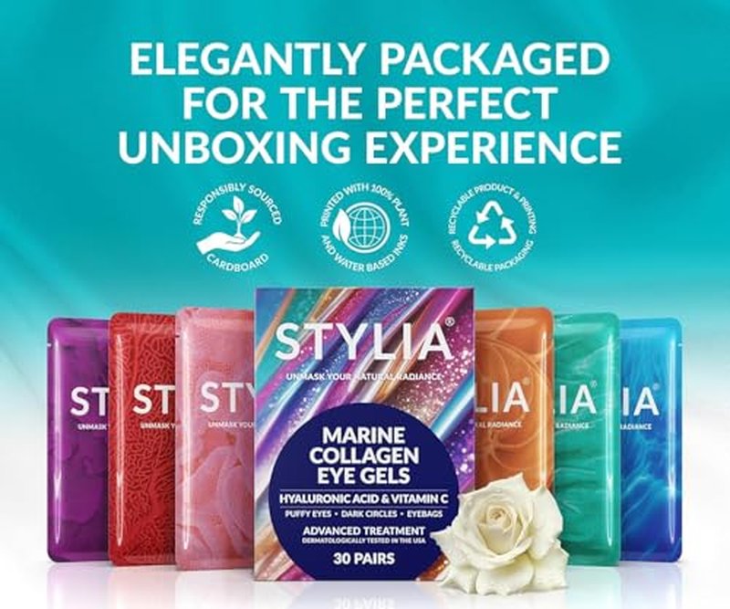 Stylia Under Eye Patches for Dark Circles and Puffy Eyes (6 Pairs), Marine Collagen Eye Mask for Puffiness with Vitamin C, Hyaluronic Acid, Pearl Extract, Eye Gel Pads for Dark Circles and Puffiness