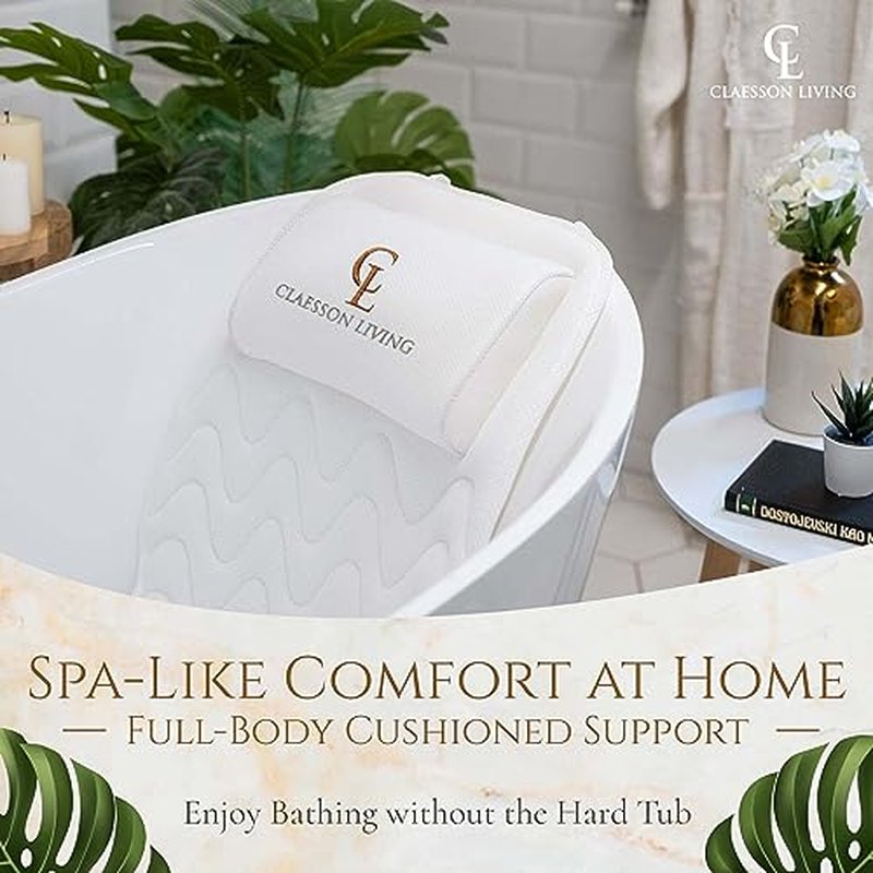 Claessonliving Full-Body Bath Pillow (17'' x 49'') - Bathtub Cushion with Headrest Supports Neck, Back and Legs - Free Hanging Hooks for Fast Drying Over Tub - Includes Washing and Travel Bags - White