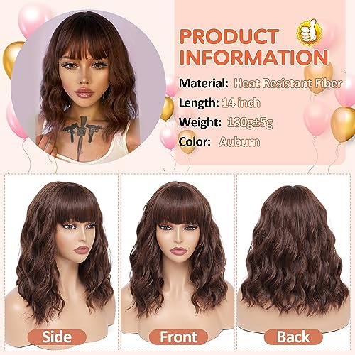 WEIWENHEE Short Wave Curly Bob Wig With Bangs-14 inch, Black Mixed Brown,Short Bob Wigs, Synthetic Wigs For Women, Natural Looking Heat Resistant Fiber Wigs