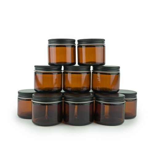 Nature Packaged Glass Amber 2oz Jar - 12 Packs, Empty Round Jars For Beauty Products, Lotion, and Powders - Black Lid - Small Candle Jars