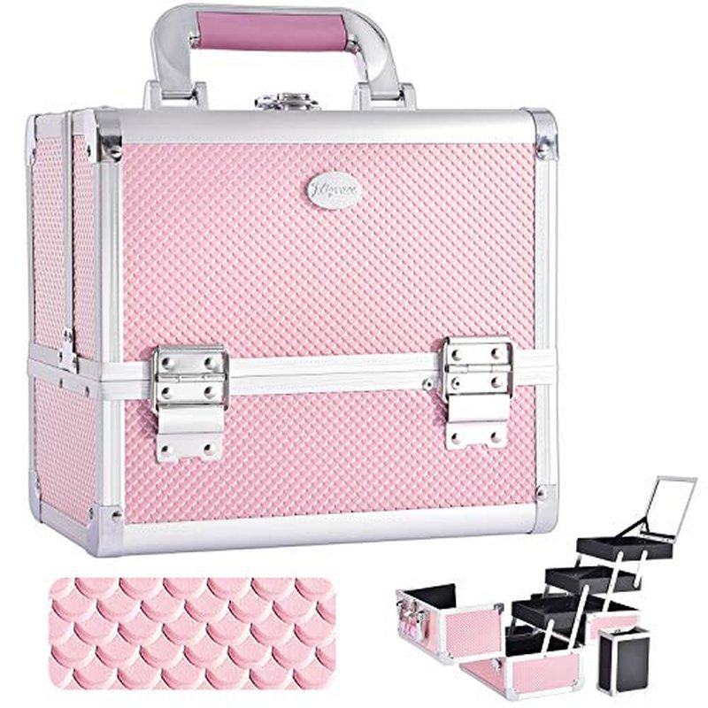 Joligrace Makeup Box Organizer, 11.6-inch Makeup Case Storage, Large Train Case with 3 Tackle Trays and Mirror, Carrying Make-up Train Case with Brush Holder, Lockable Cosmetic Travel Storage Black