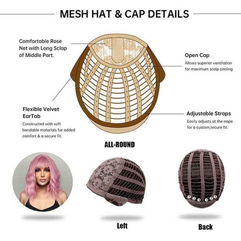 BERON Candy Pink Wig Short Curly Wig Pink Wig with Bangs Women Girl's Charming Wig Candy Pink Wig Synthetic Wig with Wig Cap