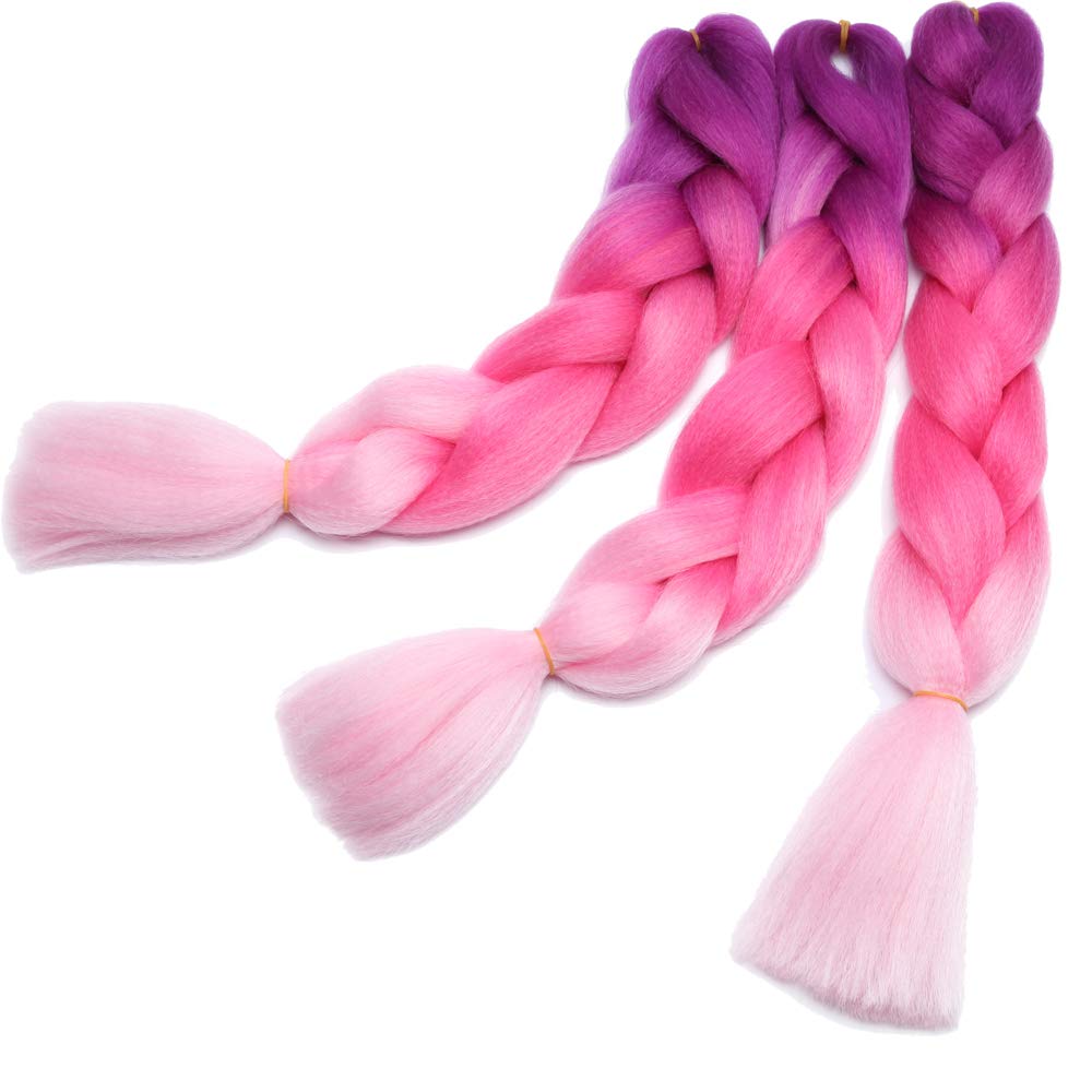 24" Ombre Jumbo Braiding Hair Extensions Jumbo Braid Hair Ombre Long Jumbo Braids For Box Twist Braid Crochet Hair High Temperature 3 Tone Colored (3 Bundles, Purple to Rose Red to Pink)