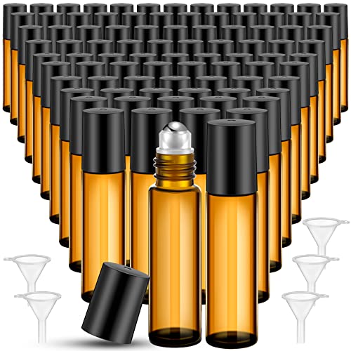 SEEWEY 96 Pcs Essential Oil Roller Bottles 10ml Empty Glass Roller Bottles with Stainless Steel Roller Balls Protection Leakproof with 5 Funnel for Travel Perfume Lip Gloss(Amber)