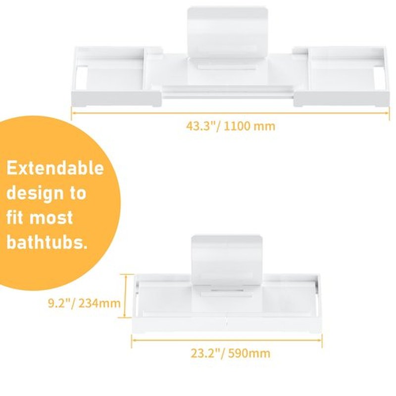 Bathtub Tray Caddy Table for Tub - Rulyyo Tub Tray Bath Caddy Tray for Bathtub, White 23-42.5 Inch Expandable Over The Tub Bath Tray for Bathtub, Waterproof Bathtub Caddy Tray for Luxury Bath