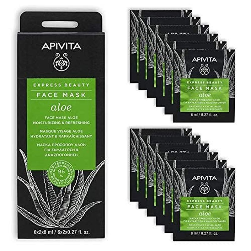 Apivita Express Beauty Face Mask with Aloe & Shea Butter - Moisturizing, Refreshing & Elasticity Boost Treatment for All Skin Types - 12 Packettes x 0.27 Fl Oz