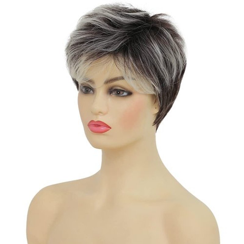 Kaneles Short Grey Pixie Cut Wigs for Women Layered Soft Fluffy Old Lady Synthetic Wigs for Daily Party Costume Use（Gray Mix Brown）