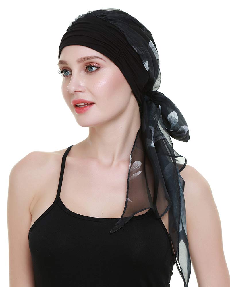 Chemo Caps for Women Light Weight Cancer Scarf Feminine Head Cover for Long Hair Girls White Flowers