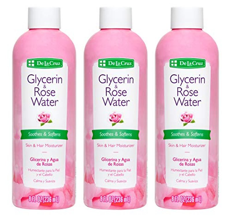 De La Cruz Rose Water and Glycerin for Face - Rosewater Facial Toner and Moisturizer for Skin and Hair 8 fl oz (236 mL) - 3 Bottles