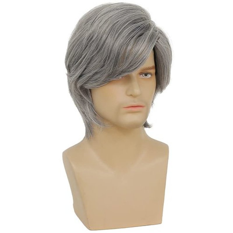 Swiking Men Grey Wigs Short Straight Layered Hair for Male Guy Fluffy Natural Hair Synthetic Halloween Cosplay Costume Wigs (Grey)