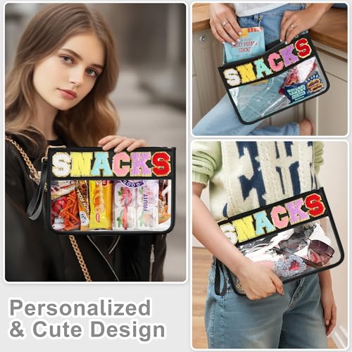 TESAFNG Snack Bag for Travel - Clear Chenille Varsity Letter Flat Pouch with Zipper, Waterproof Clear PVC&PU Preppy Patch Makeup Cosmetic tote Bags for Women Girls (Black-Snacks)