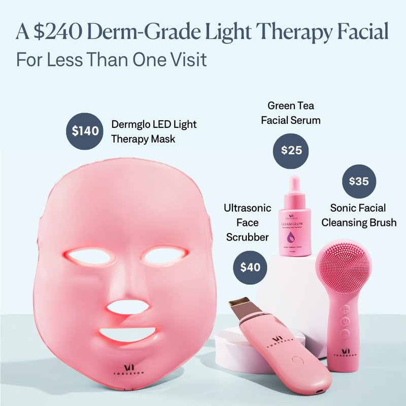 LED Face Mask Light Therapy Spa Kit - 4 Pcs with Ultrasonic Scrubber, Sonic Brush & Green Tea Serum | 7 Color Options (Light Pink)