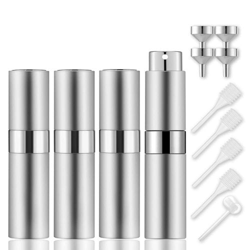 Lil Ray 8ml Portable Mini Perfume Atomizer(4 PCS)，Refillable Empty Small Spray Bottle for Travel, Twist Tpye Pocket Cologne Sprayer (Silver)