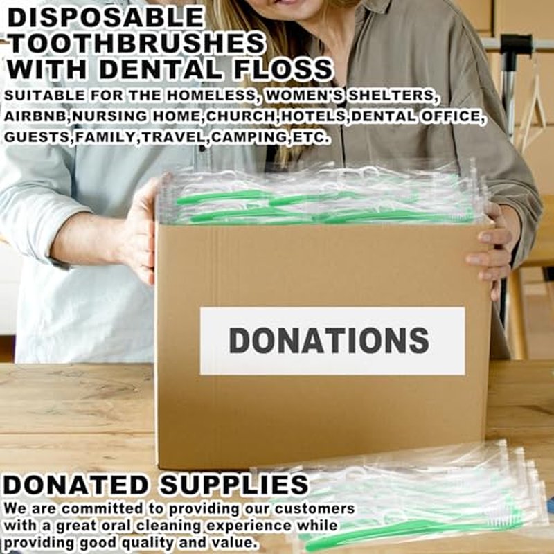 HAIFOTRVA 10 Packs Disposable Toothbrushes with Floss,Green Single Use Individually Wrapped Disposable Travel Toothbrushes and Dental Floss Kit Bulk for Homeless,Airbnb,Hotel,Dentist (10)