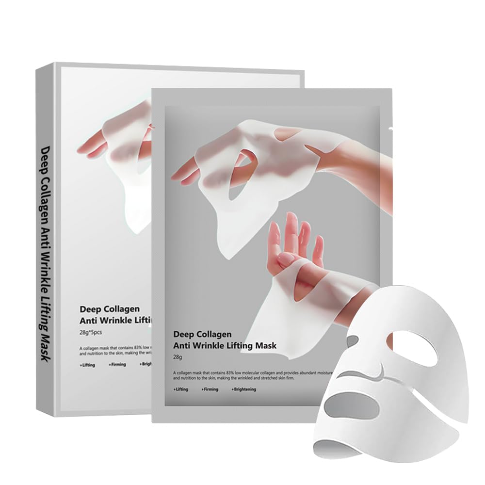 Collagen Face Mask 5 Pack, Korean Hydrating Sheet Mask for Glowing Glass Skin, Anti Aging Firming & Deep Moisturizing Facial Mask, Bio Collagen Jelly Mask