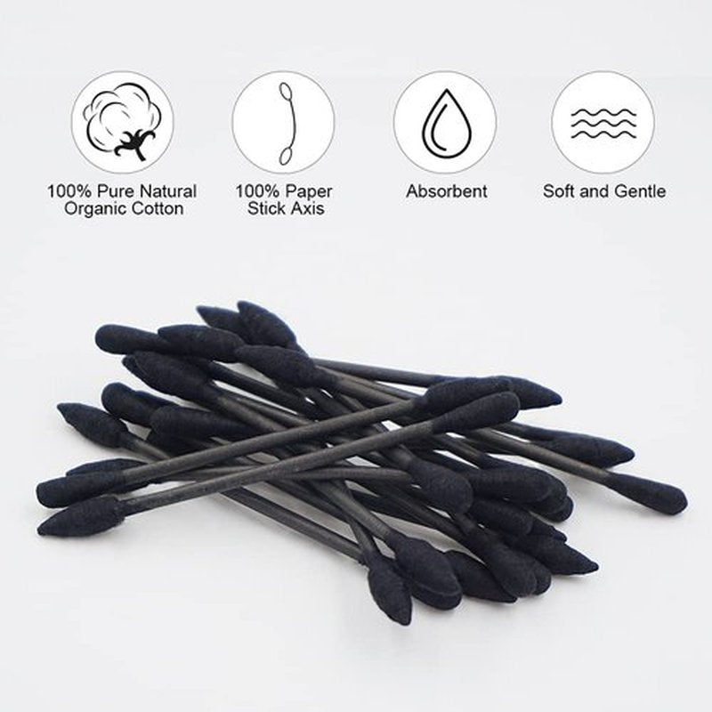 HOMEFOX Black Cotton Swabs Precision Pointed - 400 Count Organic Pointy Pointed Cotton Bud Double Side Tightly Wrapped Charcoal Cotton Tip Paper Stick Soft Gentle Cruelty-Free, Pointy & Round (Black)