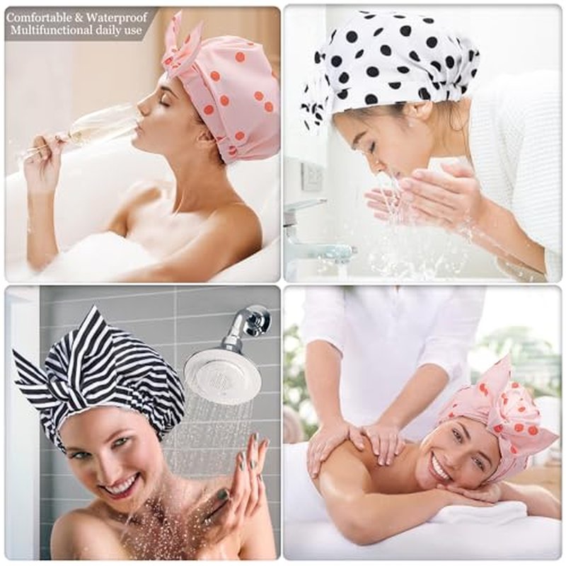 Luvruitaky Shower Cap Luxury Shower Caps for Women Reusable Waterproof Hair Cap for Shower with Adjustable Bowknot Hair Bath Cap (Black Stripe)