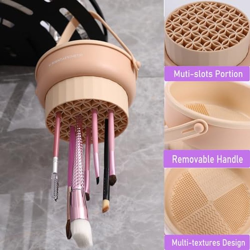 UPTOZOBLY 3 in 1 Brush Cleaning Mat with Brush Drying Holder, Silicone Makeup Brush Cleaner Mat Make Up Brush Cleaning Bowl Cosmetic Brush Washing Tool for Makeup Brush, Sponge, Powder Puff (Khaki)
