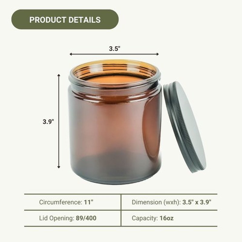 Nature Packaged Glass Amber 16oz Jar - 12 Packs, Empty Round Jars For Beauty Products, Lotion, and Powders - Black Lid - Small Candle Jars