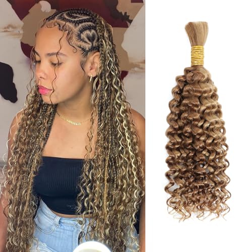Human Braiding Hair 27/30 Water Wave Bulk Human Hair for Braiding 14 Inch Highlight Ombre Wet and Wavy Human Hair Bundles No Weft 50g 12A Brazilian Virgin Curly Human Hair for Boho Braids