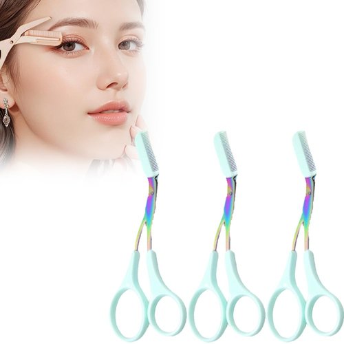 Eyebrow Trimmer Scissors for Women,Non-Slip Stainless Steel Eyebrow Scissors with Comb,2 in 1 Portable Professional Eyebrow Trimmer,Eyebrow Razor Makeup Tool (3 Pcs (Green))
