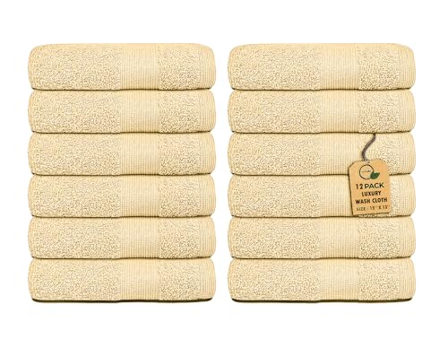 Premium Wash Cloths Pack of 12 (13" x 13" Inches)- 100% Combed Ring Spun Cotton WashCloth - Luxury Washcloths – Ultra Soft Face Towels - Highly Absorbent Wash Cloth for Face (Yellow)